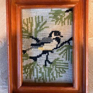 Charming Vintage Bird on Branch Wood Frame Needlepoint Tapestry Cottagecore